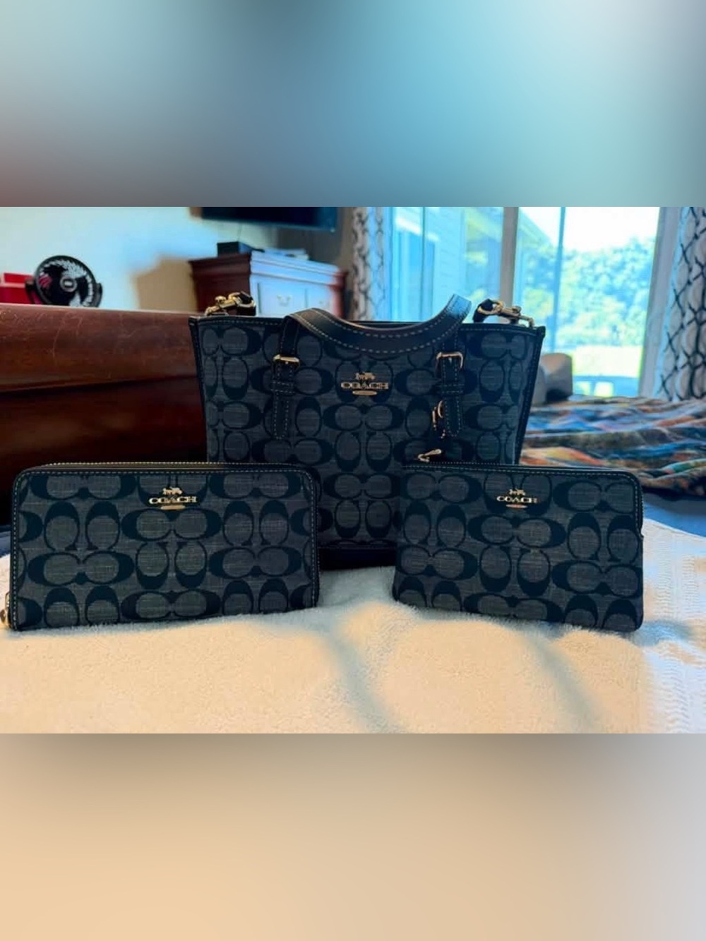 Coach Blue Signature Canvas Tote with Matching Wallets